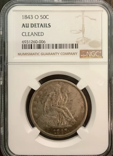 1843-O SEATED LIBERTY HALF DOLLAR 50C CLEANED AU DETAILS NGC