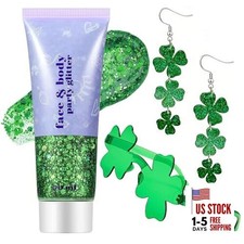St Patricks Day Earrings for Women,Green Face Body Glitter Gel and Four-Leaf