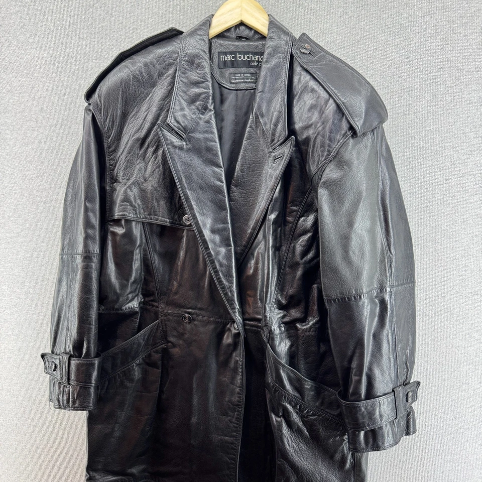 Trench coat masculino de couro vintage Pelle Pelle 40 longo casaco pesado Marc Buchanan anos 90 - Imagem 2 de 4