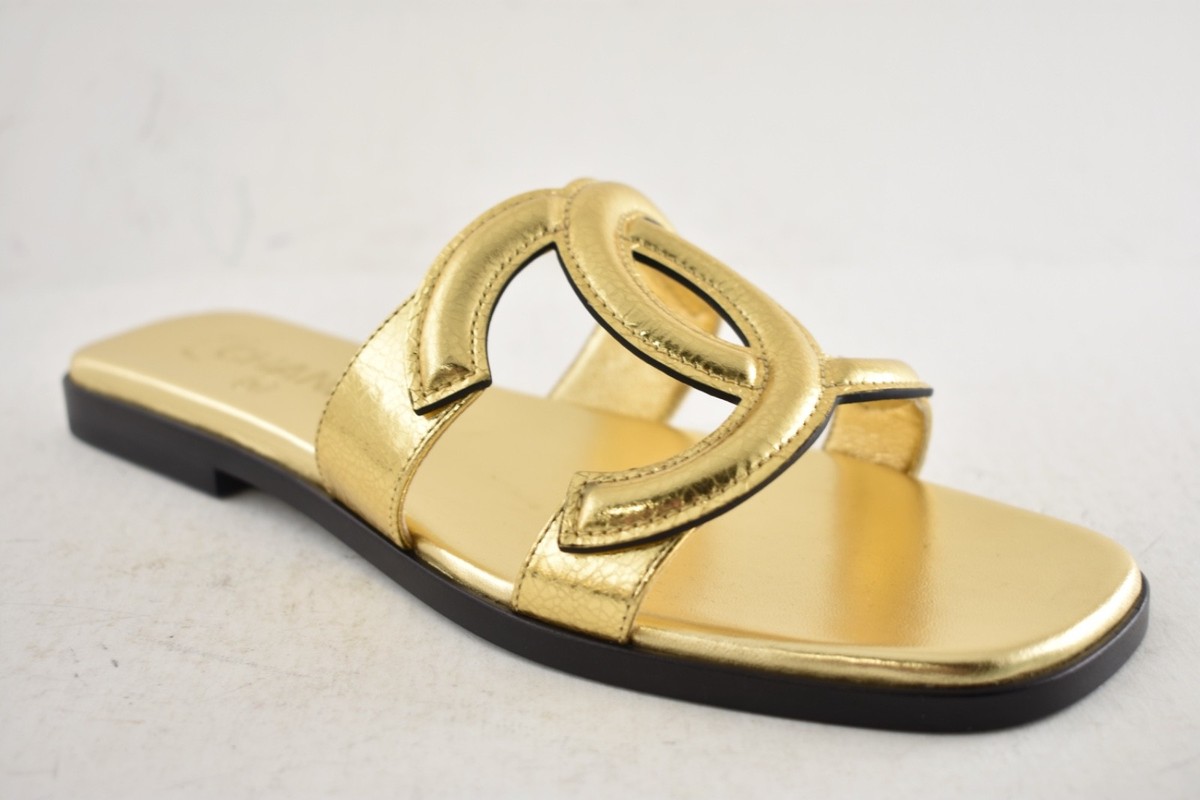 Chanel 26S Golden Gold Cracked Leather XL CC Logo Mules Slides