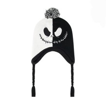 NWT Nightmare Before Christmas OS Jack Skellington Black White Ear Flaps Beanie