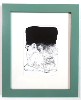 Rat Mouse Stealing Eating Cheese From Trap Framed Unknown Artist Signed Pen Ink