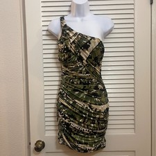 Windsor Camo One Shoulder Ruched Mini Dress Small Green Stretch Bodycon NWOT