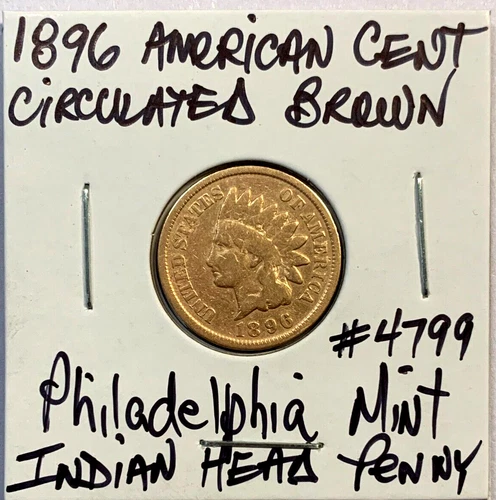 1896 American Indian Head Cent Circulated Brown Philadelphia Mint Penny.