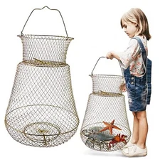 Galvanized Steel Wire Fish Baskets,Portable Fishing Large -15X23 INCH gold