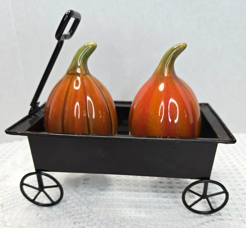 Fall Holiday Pumpkin Salt & Pepper Shakers w/metal Wagon