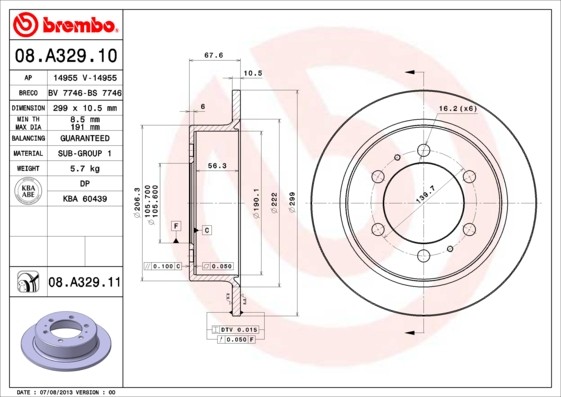 Disque de frein Brembo 08.A329.11 en fonte d'acier haut de gamme Ssangyong