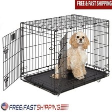 Double Door Metal Dog Crate Folding W/ Divider Panel Leak-proof Pan Rubber Feet