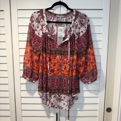 Daniel Rainn Red Orange Paisley Floral Boho Peasant Blouse XL Tie Neck New
