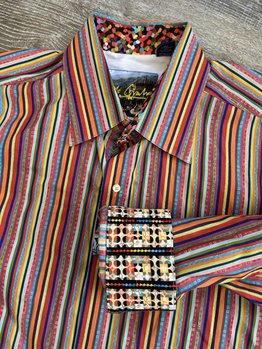 Robert Graham Flip Cuff Button Front Shirt 2XLB Striped Silk Trim Bunt Herren