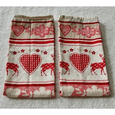 Kracht Linen Cotton Kitchen Towels Set of 2 Red Heart Deer Pattern Germany