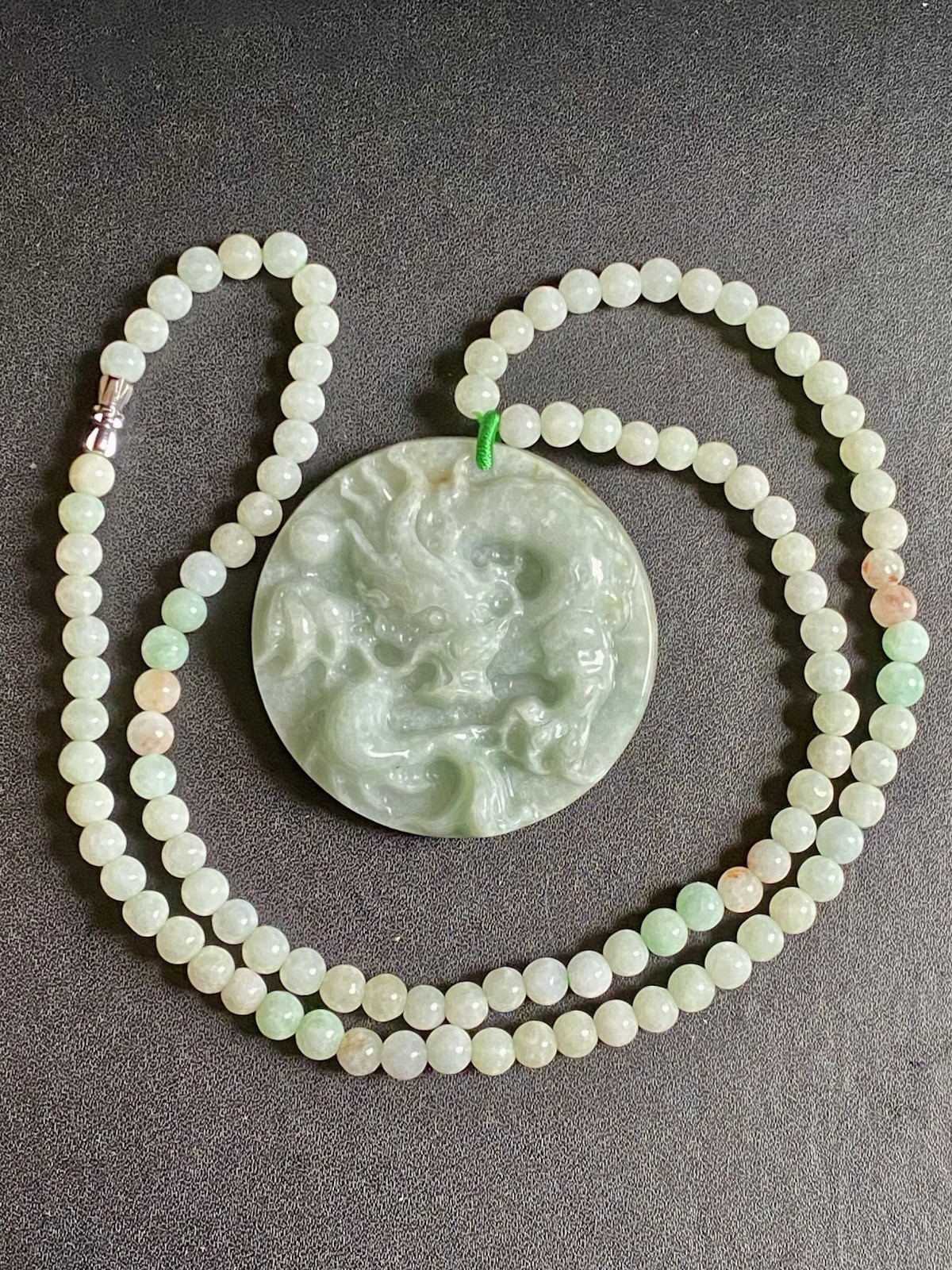 Large Chinese Hand Carved Apple Green Natural Jadeite Dragon Pendant Necklace