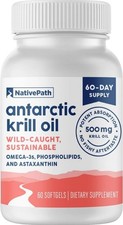 NativePath Antarctic Krill Oil 500mg Omega-3 Astaxanthin EPA+DHA 60 Ct EXP 6/27