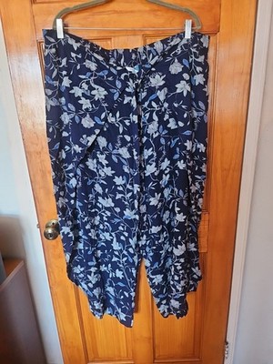 Blue Island Harem Pants Women's Blue Floral Beach Split Leg Size 3X Rayon NWOT 