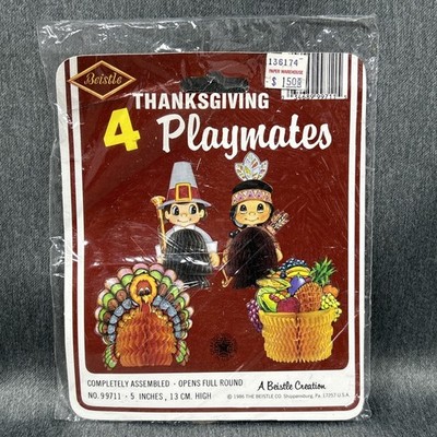 Vintage 1986 NOS BEISTLE Thanksgiving Playmates 4pc Honeycomb Die Cut Decor 5''