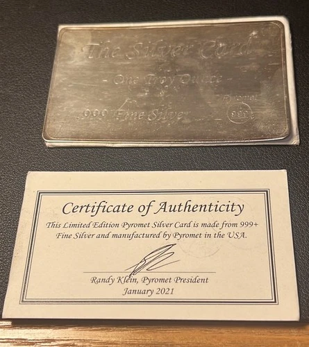The Silver Card One Troy Ounce .999 Fine Silver Bar Pyromet w/ COA 1 oz