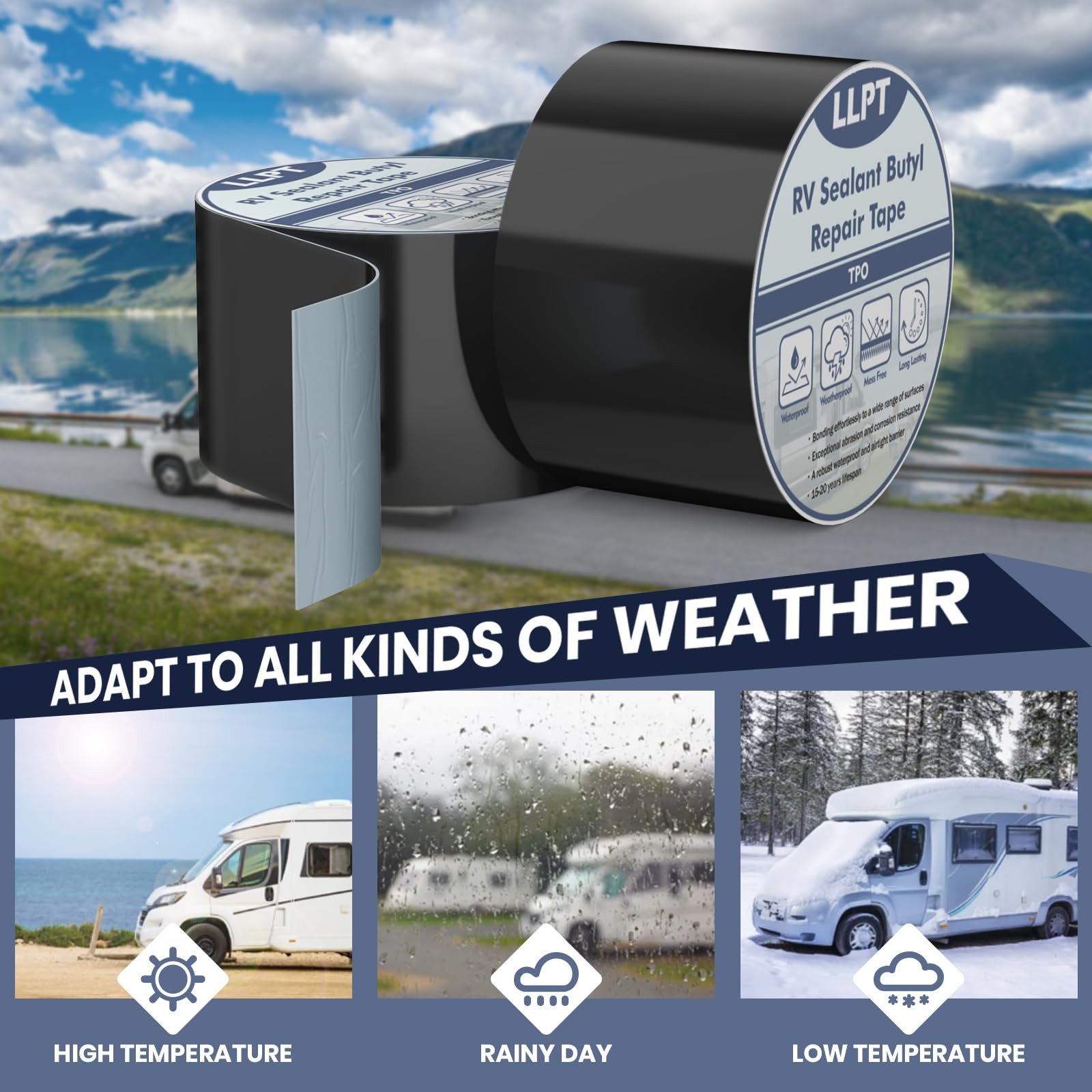 LLPT Roof Seal Tape Black 4" x 50 Ft UV Stable RV Sealant Repair Tape Extreme...