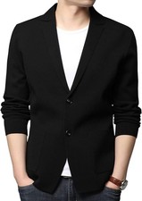 Men's Cotton Knit Cardigan Sweater Notched Lapel Two Button Casual Jacket