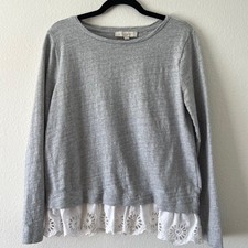 LOFT Gray Cotton Knit Sweater White Eyelet Details M