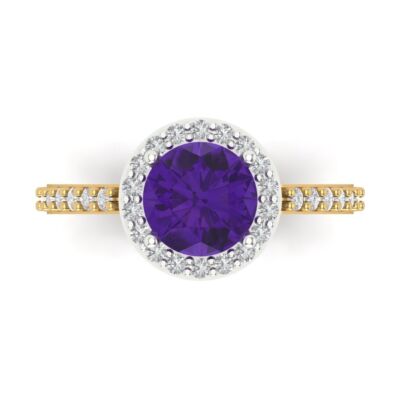2.40 ct Round Halo Natural Amethyst Promise Bridal Wedding Ring 14k 2 tone Gold