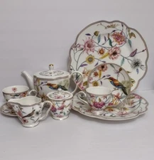 Grace Teaware Birds Flowers Plate Mug Cup Saucer Set Teapot Creamer Sugar Bowl