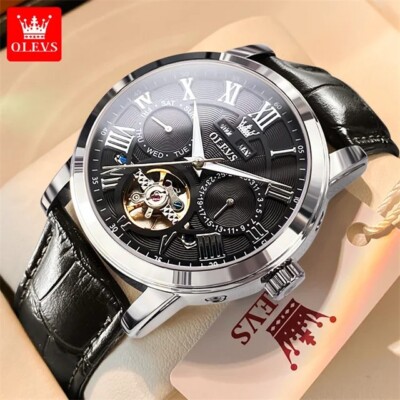 Automatic Mechanical Watch OLEVS Men's Waterproof Luxury Skeleton Leather Strap