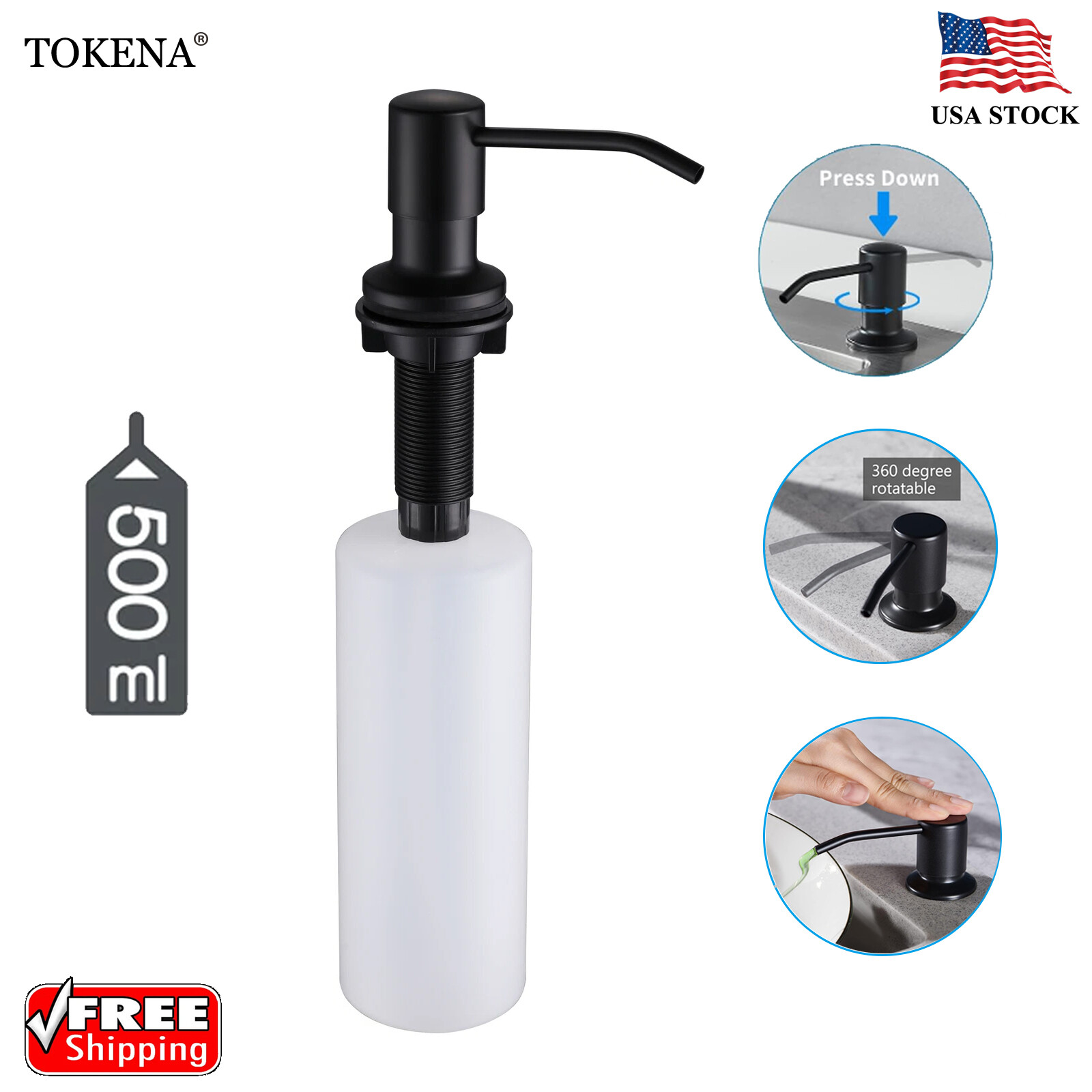 Black 17OZ Built-In Kitchen Sink Soap Dispenser for Dish Soap