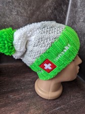 Raiffeisen swissski White Green Knit White Beanie Hat Pom Pom