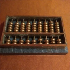Vintage Chinese Green Marble And Brass Beaded Mini Abacus Math Counting