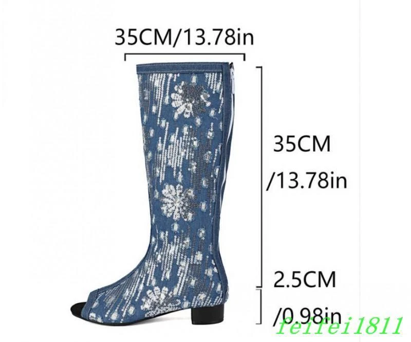 Mujer Vestido Club Botas Hasta la Rodilla Denim Punta abierta Lentejuelas Sandalias Primavera Verano Foto 4 de 4