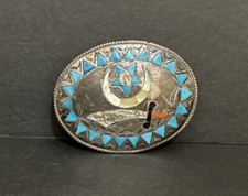 Vintage Zuni Masonic Multi Gem Inlay Turquoise Belt Buckle, 3.5  Long