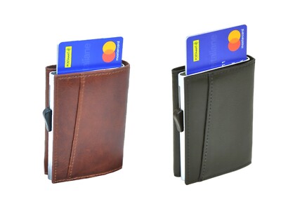 GELDBÖRSE KREDITKARTENETUI ECHT LEDER POPUP SYSTEM RFID SCHUTZ