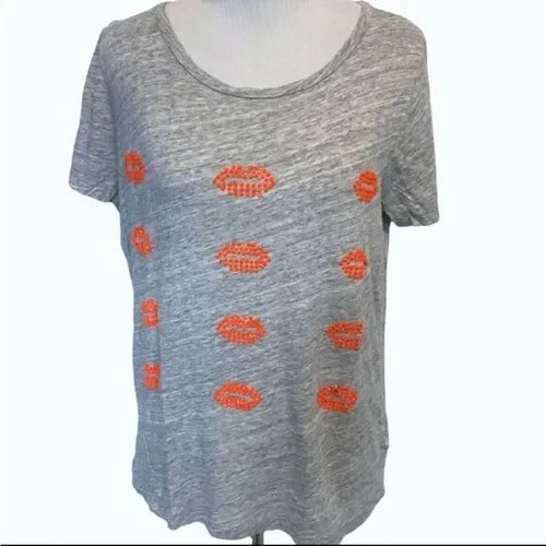 Stunning Rare J CREW Beaded Orange 3D Lips Kisses Embellished Grey T Shirt Top M - Picture 18 of 24