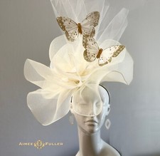 Aimee Fuller Bridal Veil Kentucky Derby Hat Butterfly Big Fascinator White Cream