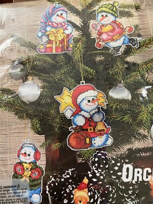 4 Snowmen Counted cross stitch KIT + plastic canvas to make Ornaments-Orchidea