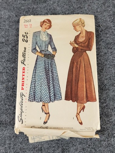 Simplicity Sewing Pattern Misses One Piece Dress W Cuff 2661 Size 14 Cut C 1949 Ebay