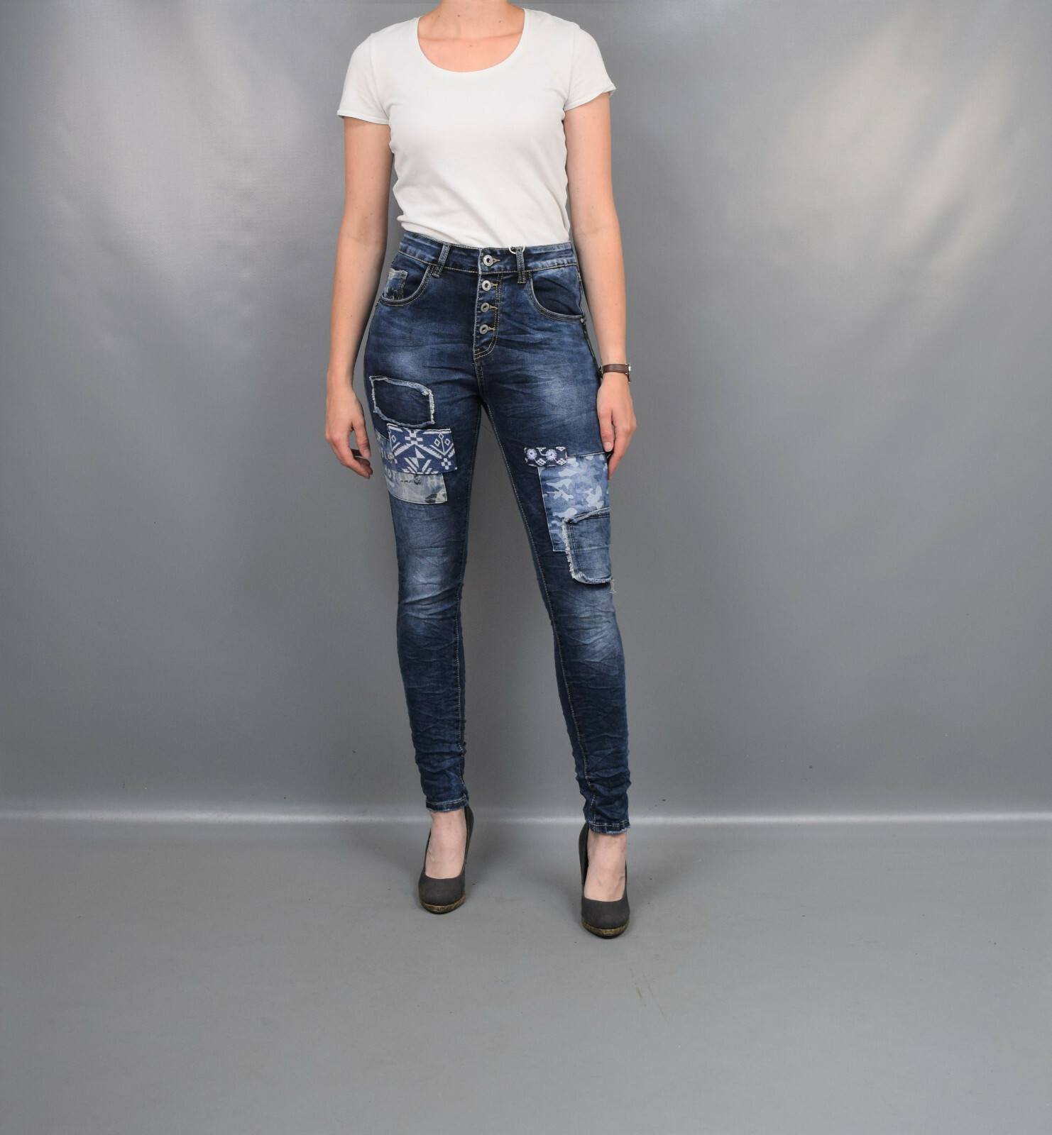 JEWELLY Damen Jeans Denim Stretch Wide Leg Gefranst Hell Blau 34 36 38 40 42 NEU