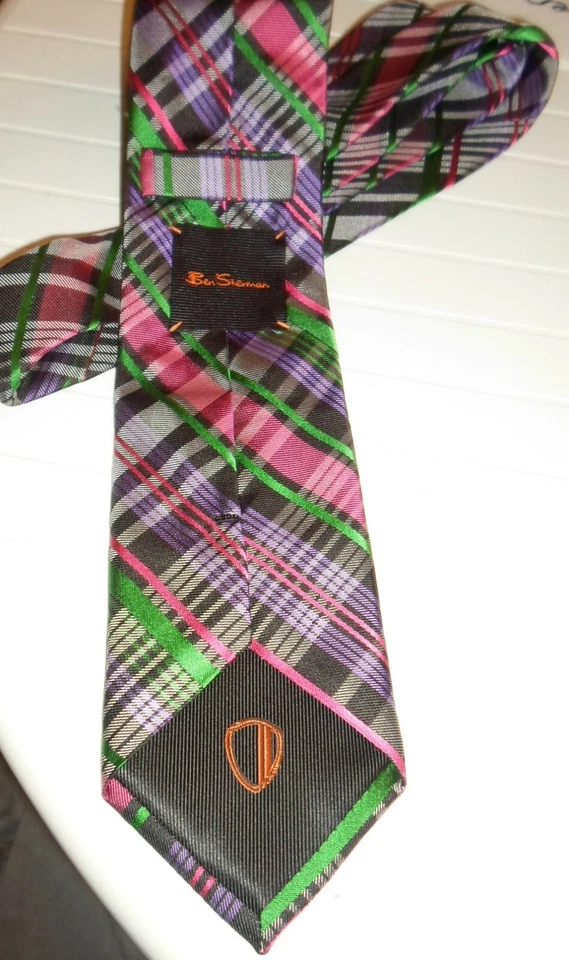 Corbata de seda a cuadros Ben Sherman rosa/negro/verde/púrpura cinta nueva sin etiquetas Foto 3 de 4