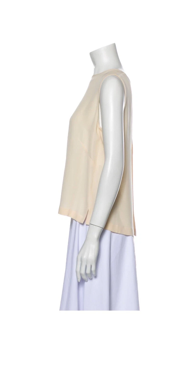 CAMICIA VINTAGE autentica CHANEL taglia 44 beige seta senza maniche conchiglia