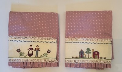 Amish Fabric Pink Heart Quilt Print Hand Dish Towel Guest Bath Set Embroidery 
