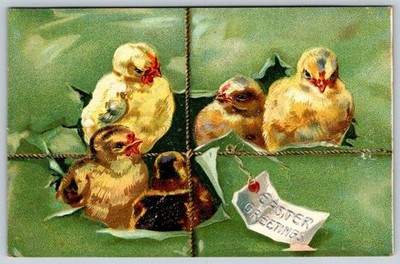 4 Chicks Easter Greetings Embossed Vintage Tuck's Postcard CDI-25