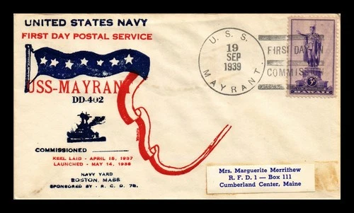 US COVER USS MAYRANT FIRST DAY COMMISSION NAVAL CANCEL STAINED FRONT