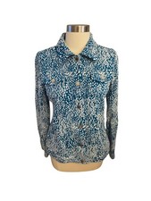 Isaac Mizrahi Live Teal White Textured Jacket Blazer Snap Buttons Stretch Size S