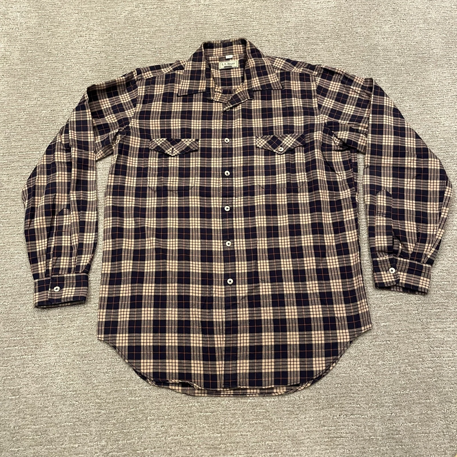 LL Bean Shirt Mens Large Long Beige Plaid Flannel Western USA Button Up Outdoor