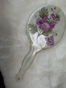 Vintage Hand painted Floral Iridescent Hand Mirror Mother Of Pearl Finish Signed