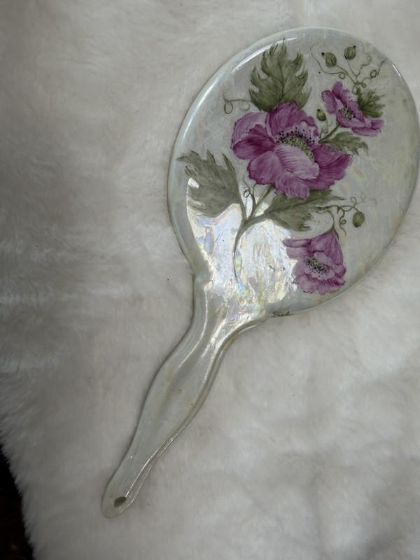 Vintage Hand painted Floral Iridescent Hand Mirror Mother Of Pearl Finish Signed