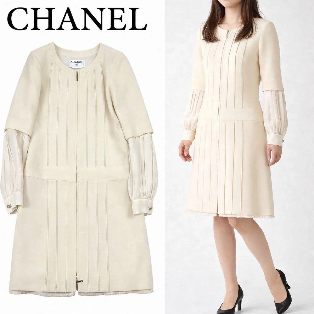 Chanel — CHANEL Beige Wool Cocktail Dress Coat 2Way Camellia Lining Size 36 SR2050