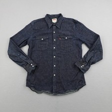 Levis Shirt Mens Medium Blue Denim Jean Western Pearl Snap Rodeo Dark Cowboy