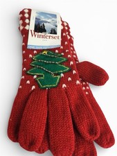Vtg Holiday Gloves With A Christmas Tree On Them. One Size Fits All Red  White