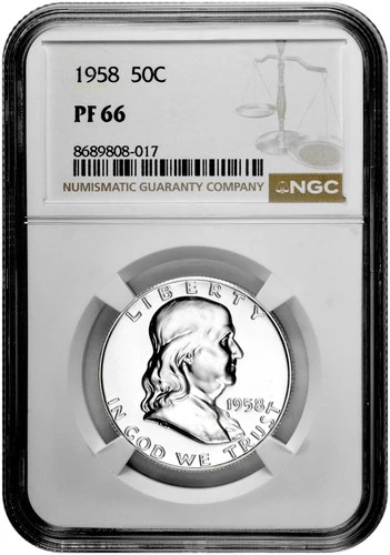 1958 50C Proof Silver Franklin Half Dollar NGC Graded PF 66 in New Holder